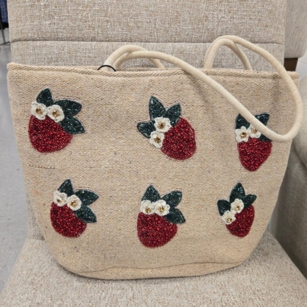 Viral Tik Tok strawberry beaded red linen cotton Handmade in India tote bag